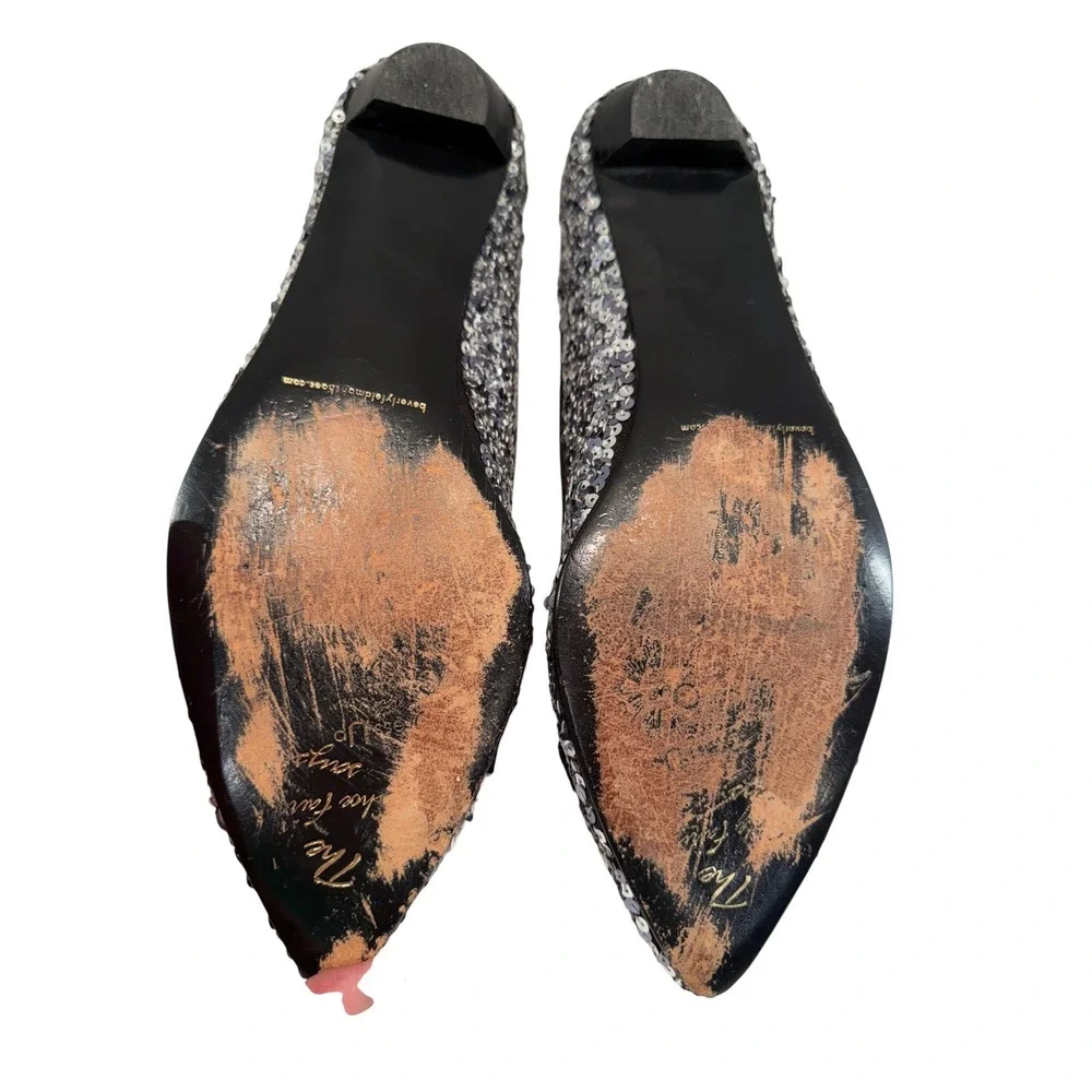 Beverly Feldman Sequin Bow Flats Womens Silver Black‎ Sparkle Pointed Toe Glam
